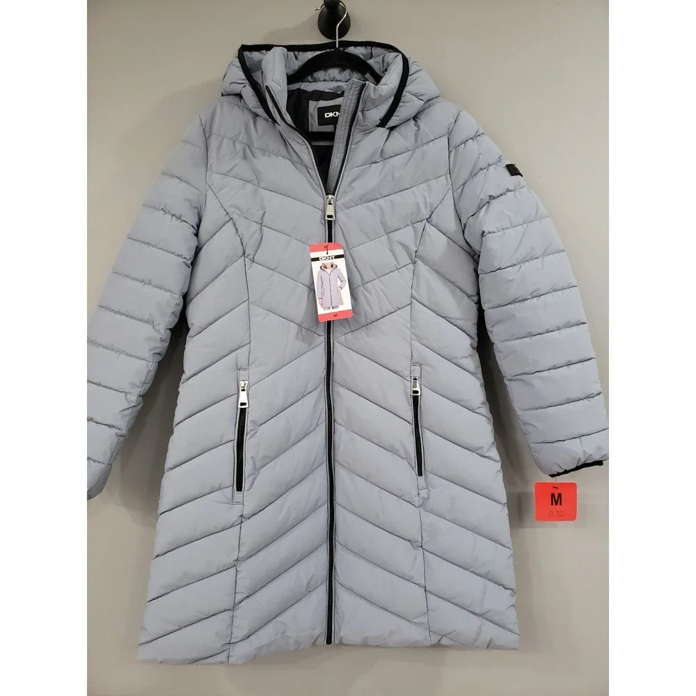 NEW DKNY Women's Long‎ Puffer Jacket Size Medium Grey Coat Light Hooded - Picture 5 of 5